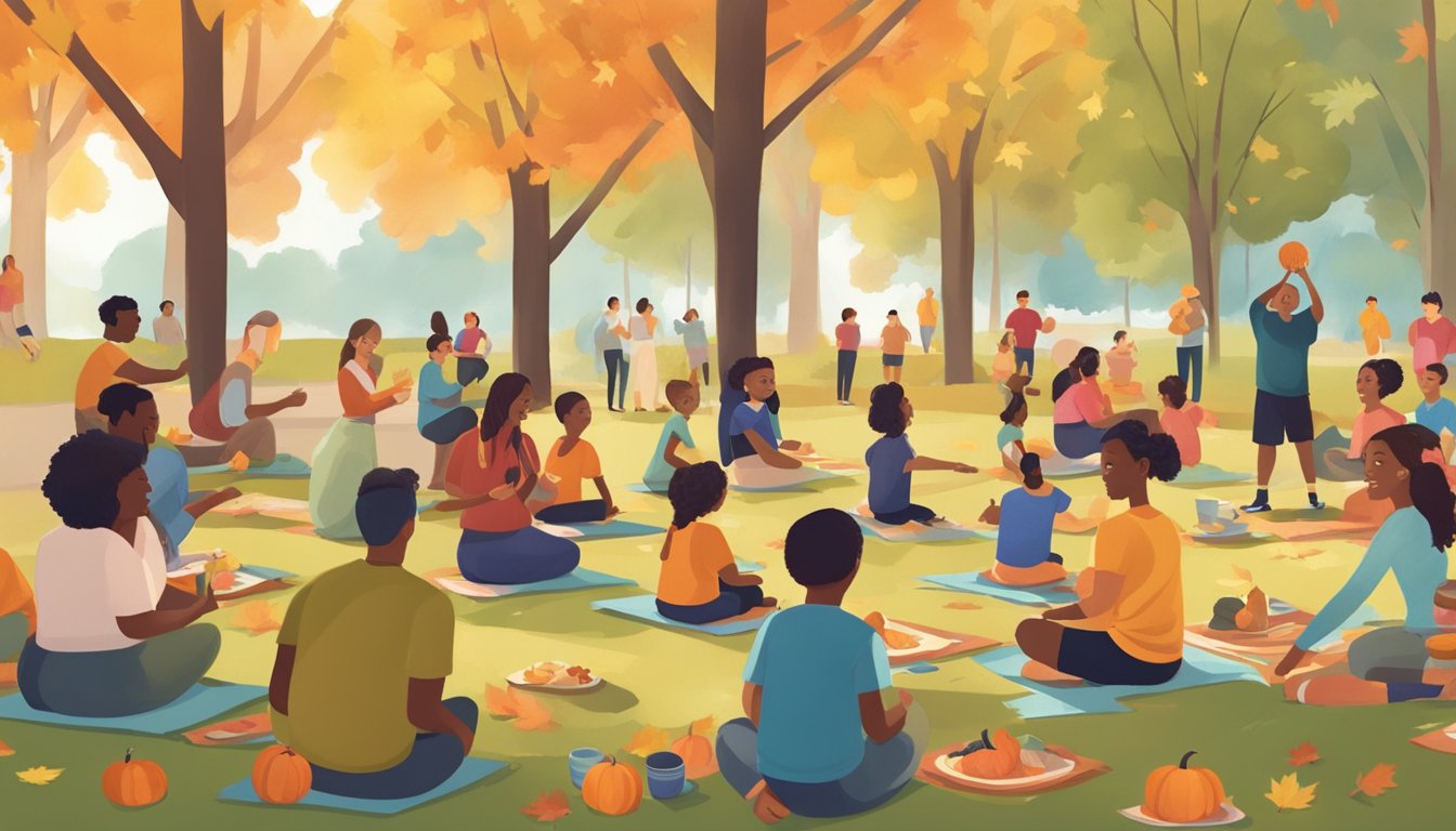 A group of people gather in a park, participating in various athletic events and wellness activities. Families engage in Thanksgiving-themed games and crafts, fostering a sense of gratitude and togetherness