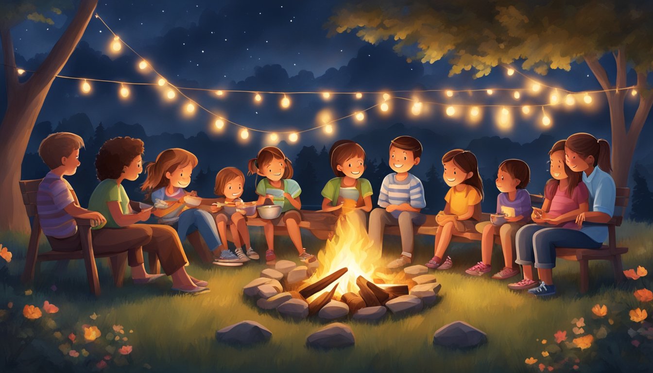 Families gather around a warm bonfire, roasting marshmallows and sharing stories. Live music fills the air as children play games and laughter echoes through the night