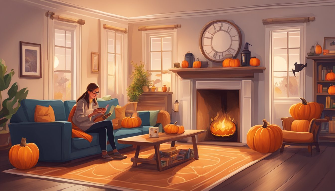 A cozy living room with a crackling fireplace, a carved pumpkin on the coffee table, and a family playing Halloween-themed board games