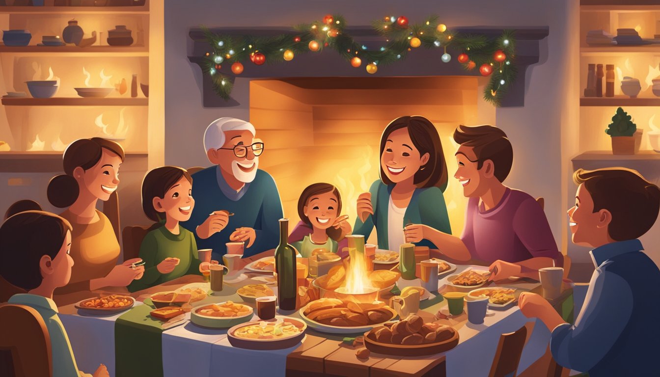 Families gather around a festive table, sharing a meal and laughter. A warm fire crackles in the background as children play games and adults engage in lively conversation