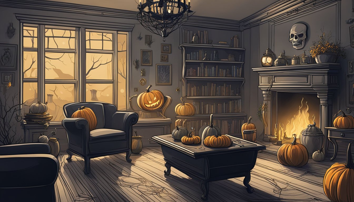 A dimly lit living room adorned with cobwebs, pumpkins, and eerie decorations. A cauldron bubbles on the fireplace, casting eerie shadows