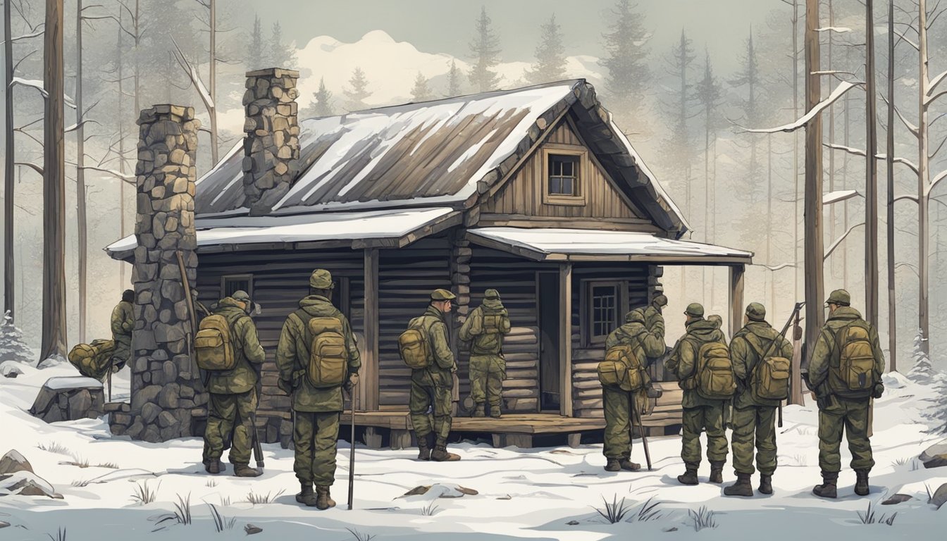 A group of hunters in camouflage gear gather around a rustic cabin at the edge of a dense forest, preparing their equipment for a day of hunting