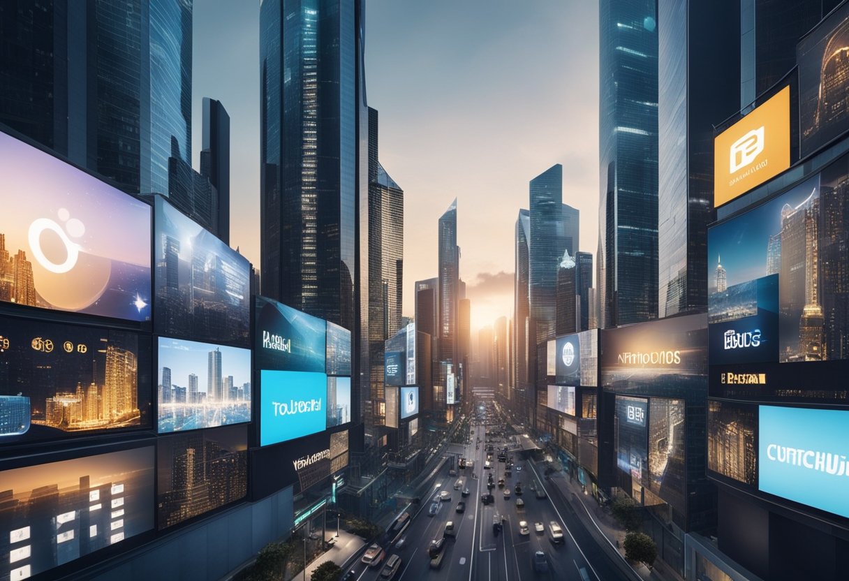 A futuristic cityscape with digital billboards featuring real estate and cryptocurrency logos. A blockchain network connects the buildings