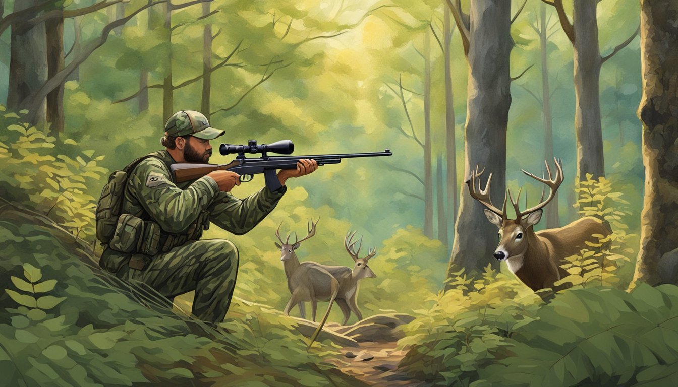 A hunter in camouflage gear aims a rifle at a deer in the lush, wooded Shenandoah Valley