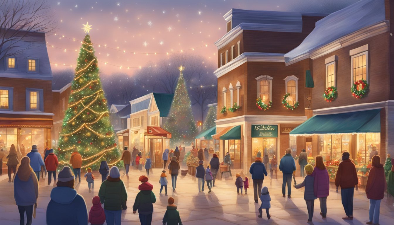 A cozy Texas town square adorned with twinkling lights and festive decorations, filled with families enjoying holiday activities and entertainment