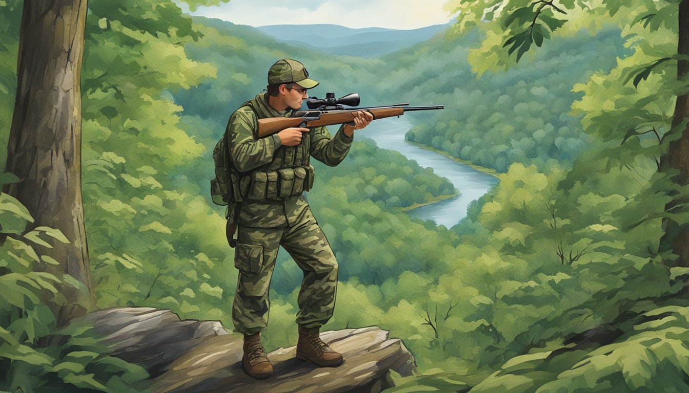 A hunter in camouflage gear stands in the lush Virginia forest, rifle in hand, with the Allegheny Highlands in the background