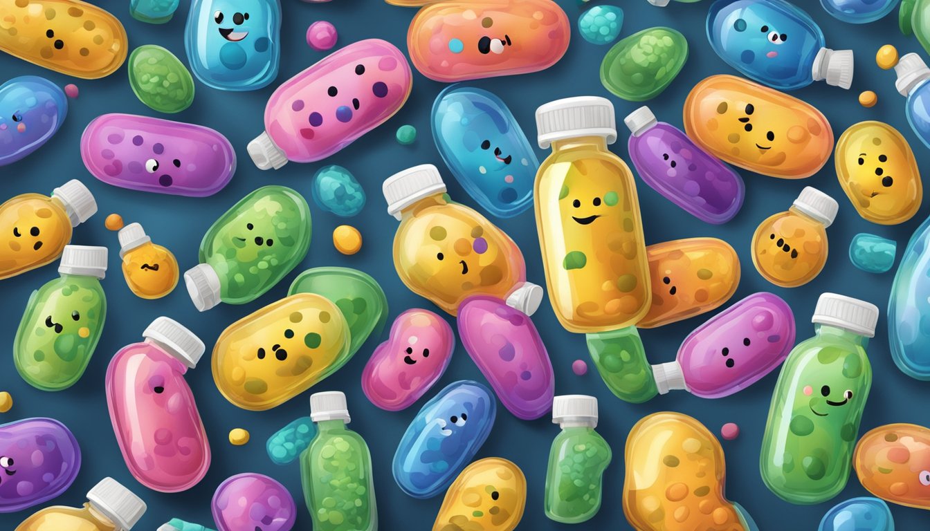 A group of colorful, cartoon-like bacteria are gathered around a bottle of probiotics, with some appearing happy and others looking uncertain