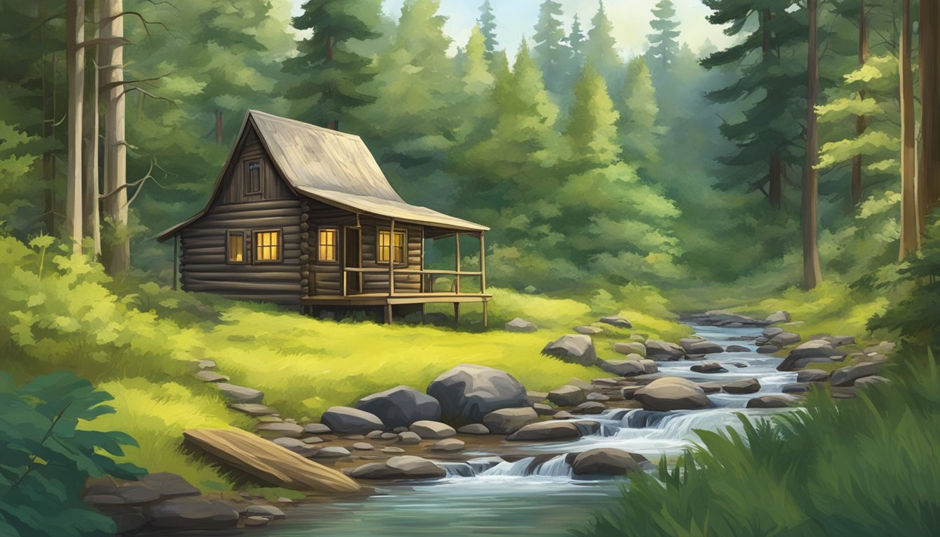 A lush forest with a clear stream, deer tracks, and a hunter's cabin nestled among the trees