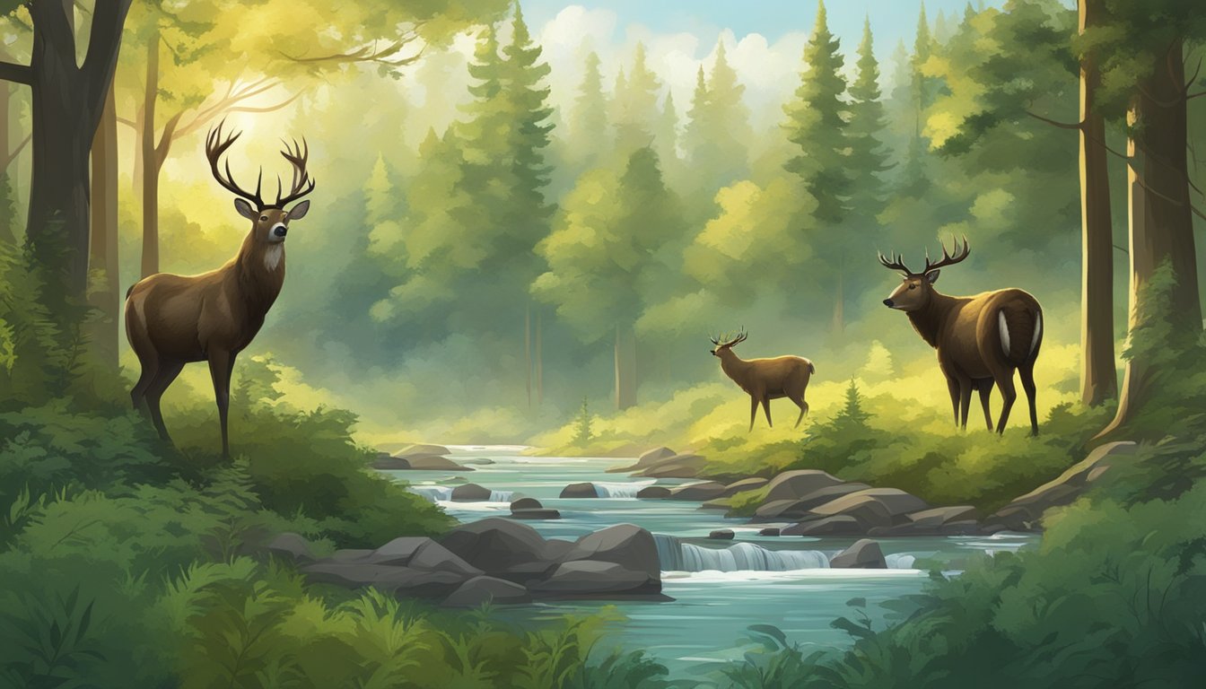 Lush forest with deer, turkey, and bear. A serene river flows through the landscape. Tall trees and dense vegetation provide ample cover for wildlife