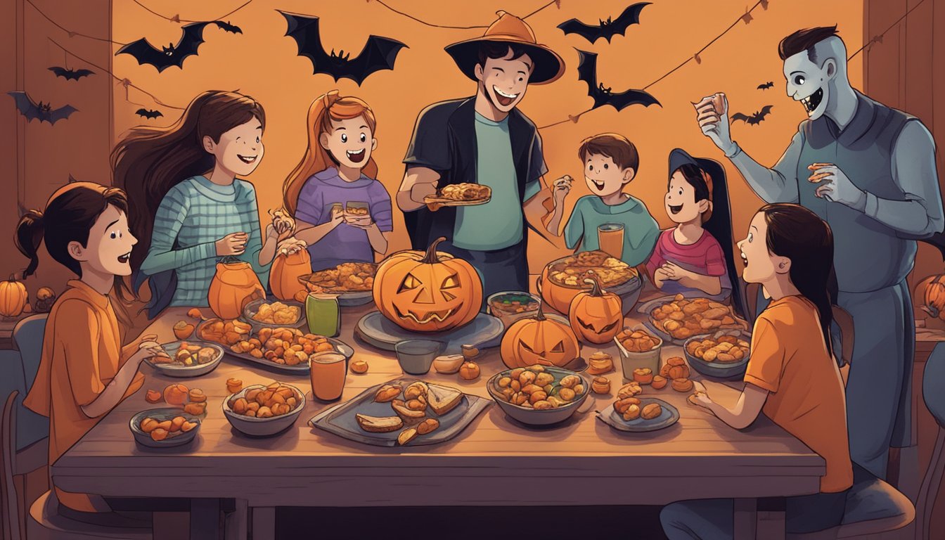 A spooky snack spread on a table with jack-o-lanterns, bats, and spider decorations, surrounded by excited family members in costume