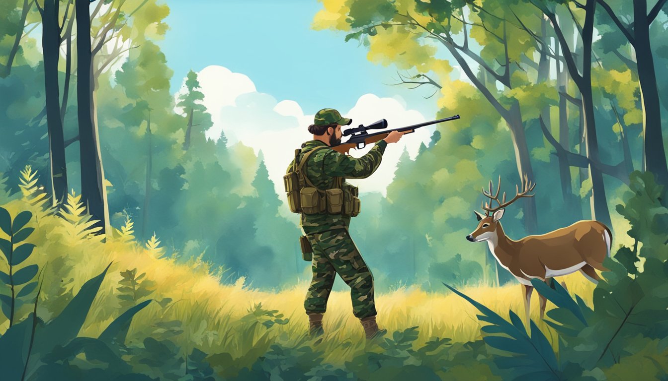 A hunter in camouflage gear aims a rifle at a deer in a forest clearing, surrounded by dense foliage and a clear blue sky