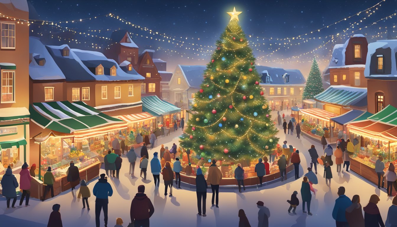 A bustling holiday market with festive lights, a giant Christmas tree, and families enjoying rides and attractions