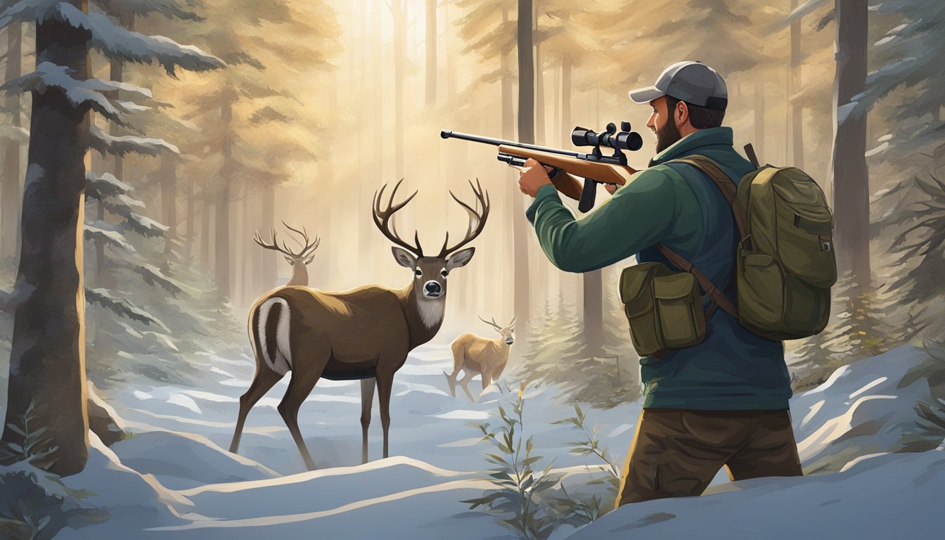 A hunter aiming a rifle at a deer in a forest clearing