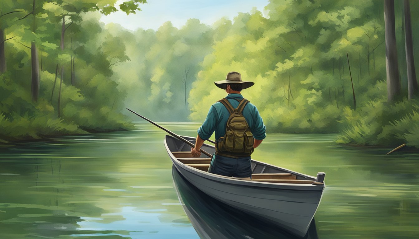 A hunter stands in a boat on the Pamunkey River, surrounded by lush greenery and the calm waters of the Virginia wilderness