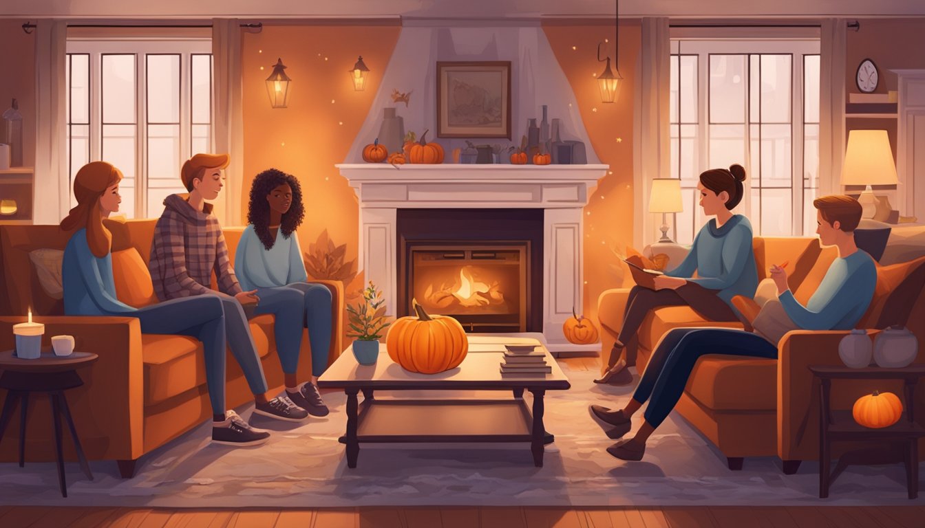 A cozy living room with a crackling fireplace, a carved pumpkin on the coffee table, and a family gathered around telling spooky stories