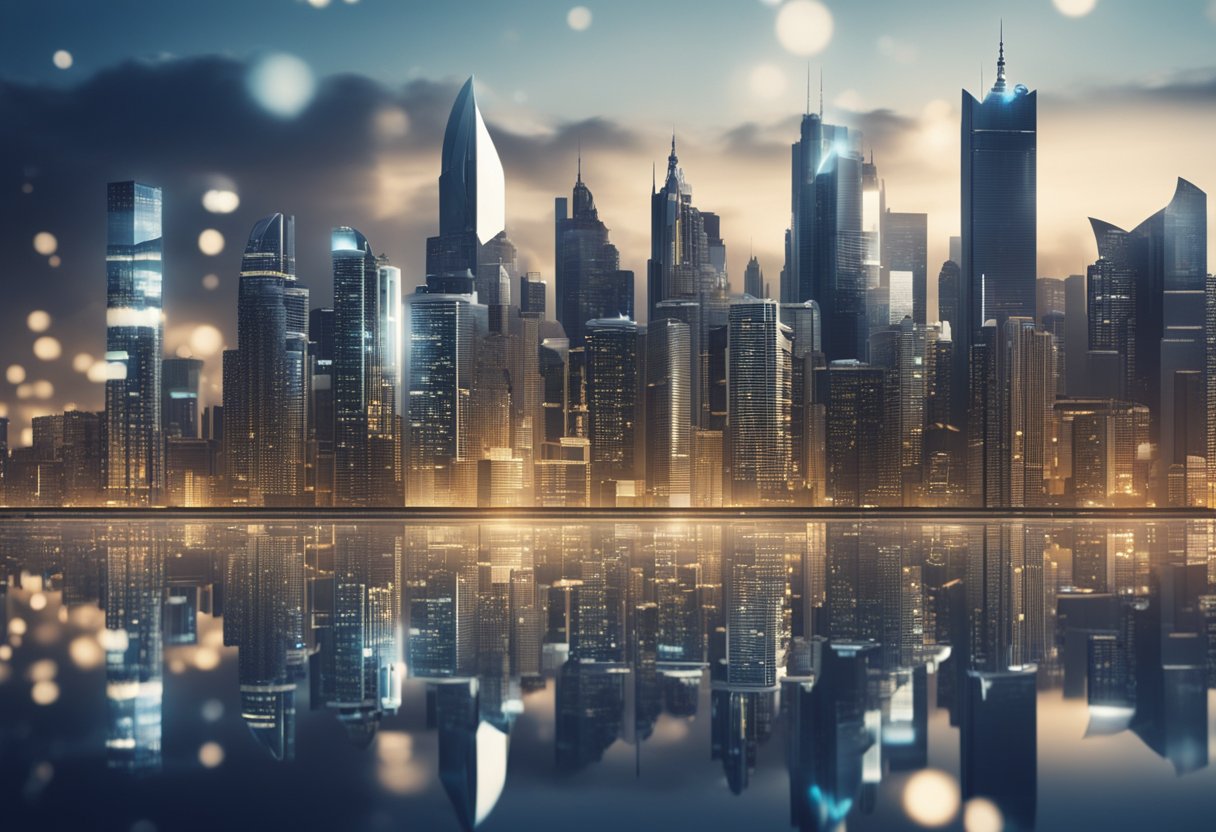 A futuristic city skyline with digital real estate symbols floating above buildings