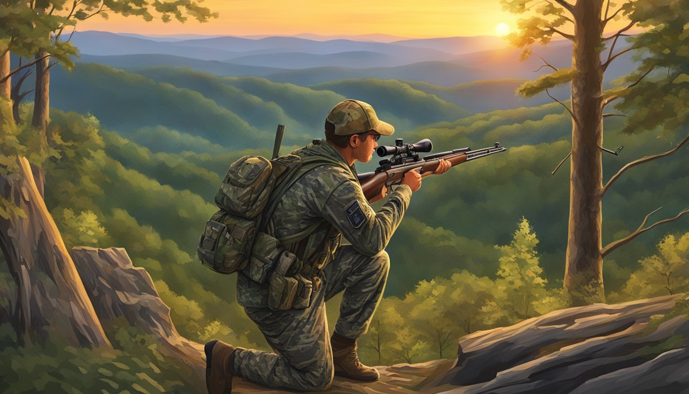 A hunter in camouflage gear stalking through a dense forest, rifle in hand, as the sun sets over the rolling hills of Virginia