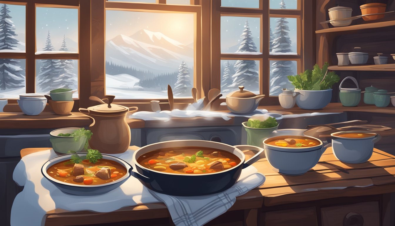 A cozy kitchen with steaming pots of soup and stew on a rustic wooden table, surrounded by snowy landscapes outside the window