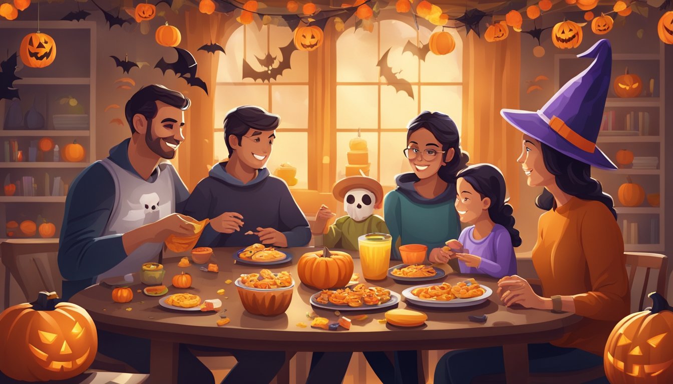 A family sits around a table covered in Halloween decorations, playing games and enjoying festive snacks