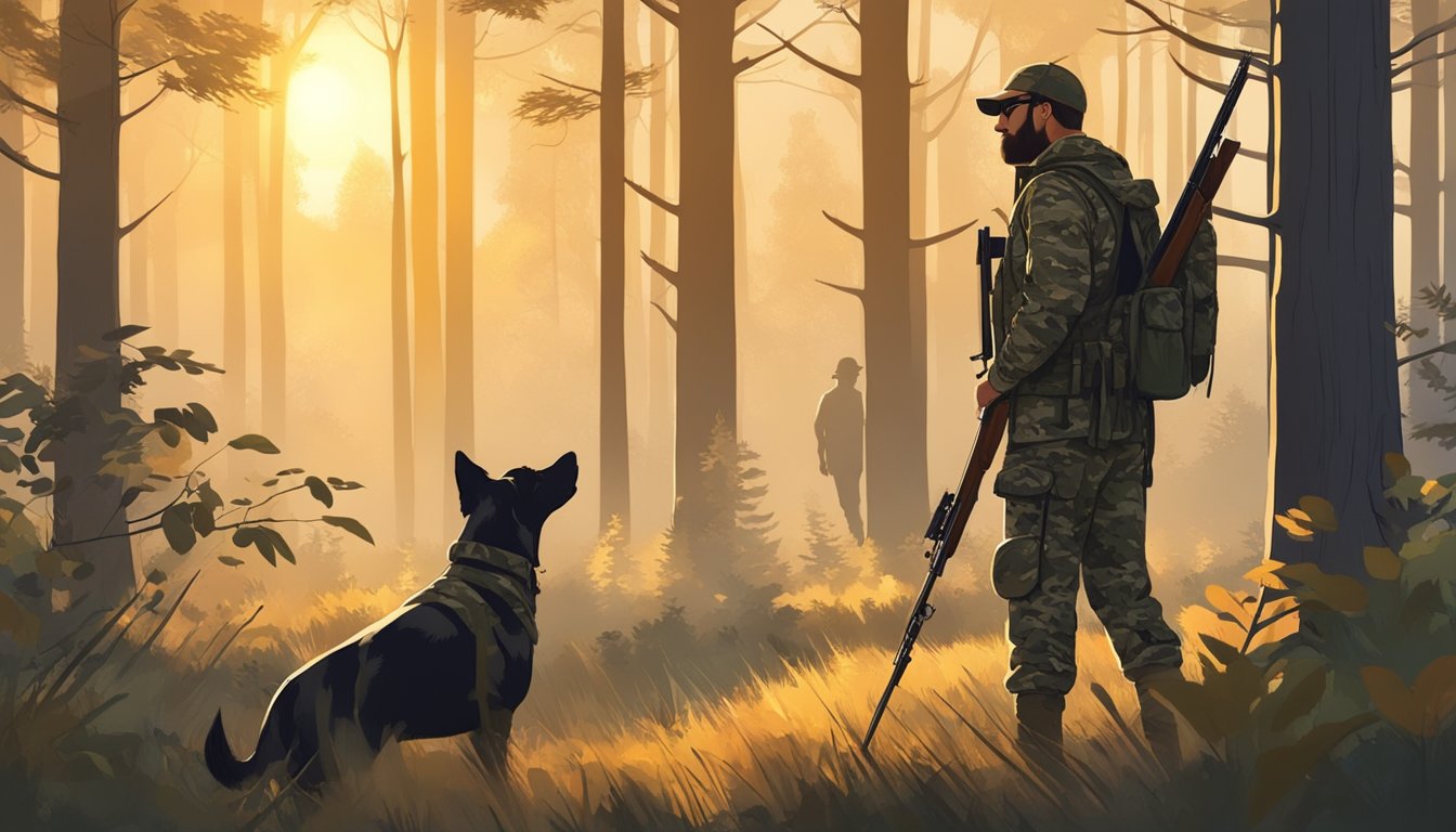 A hunter in camouflage gear stands in a forest clearing, rifle in hand, with a hunting dog by his side. The setting sun casts warm light on the trees and grass