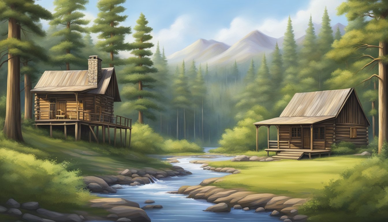 A serene creek winds through a lush forest, framed by the rustic cabins of Cypress Creek Hunting Lodge. Tall trees and a clear sky complete the tranquil setting