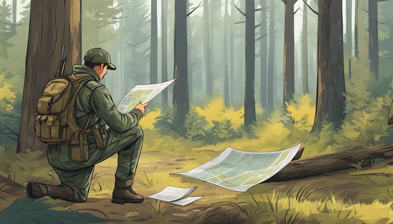 A hunter in camouflage gear stands in a forest clearing, examining a map and talking to an outfitter about hunting options