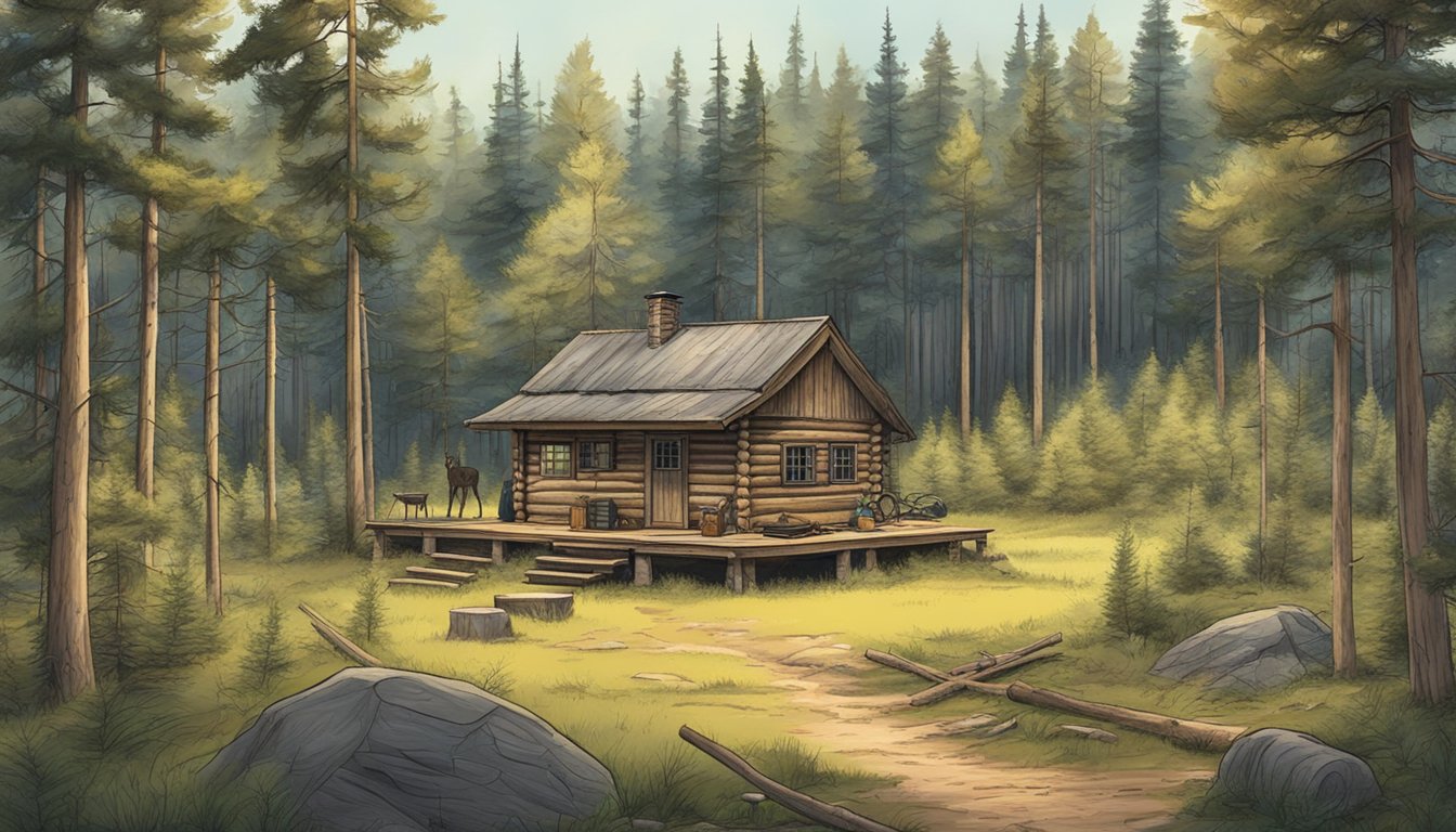 A serene forest clearing with a rustic cabin nestled among tall pine trees, surrounded by hunting gear and animal tracks