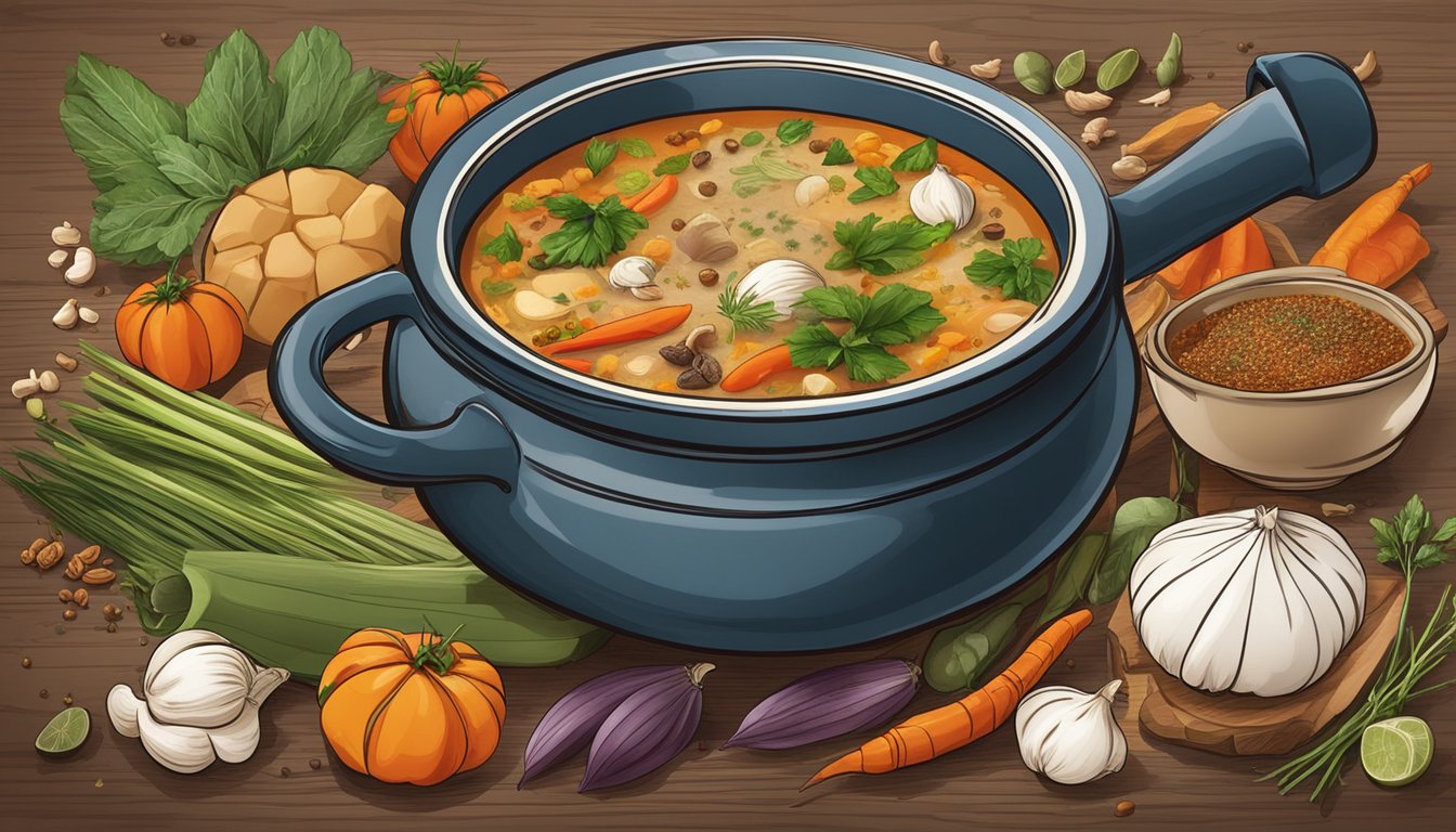 A steaming pot of soup surrounded by various global ingredients and spices