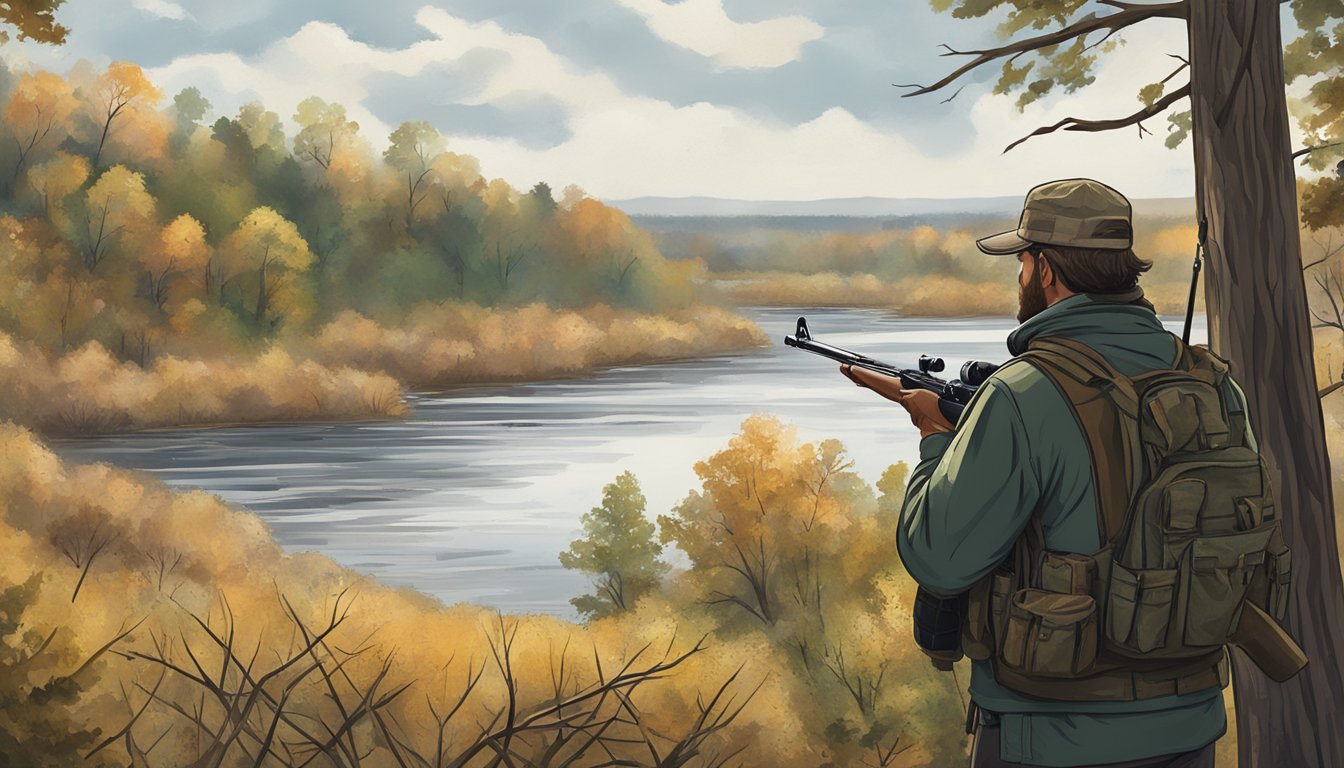 A hunter standing in a wooded area, holding a rifle and looking out over the Mississippi landscape