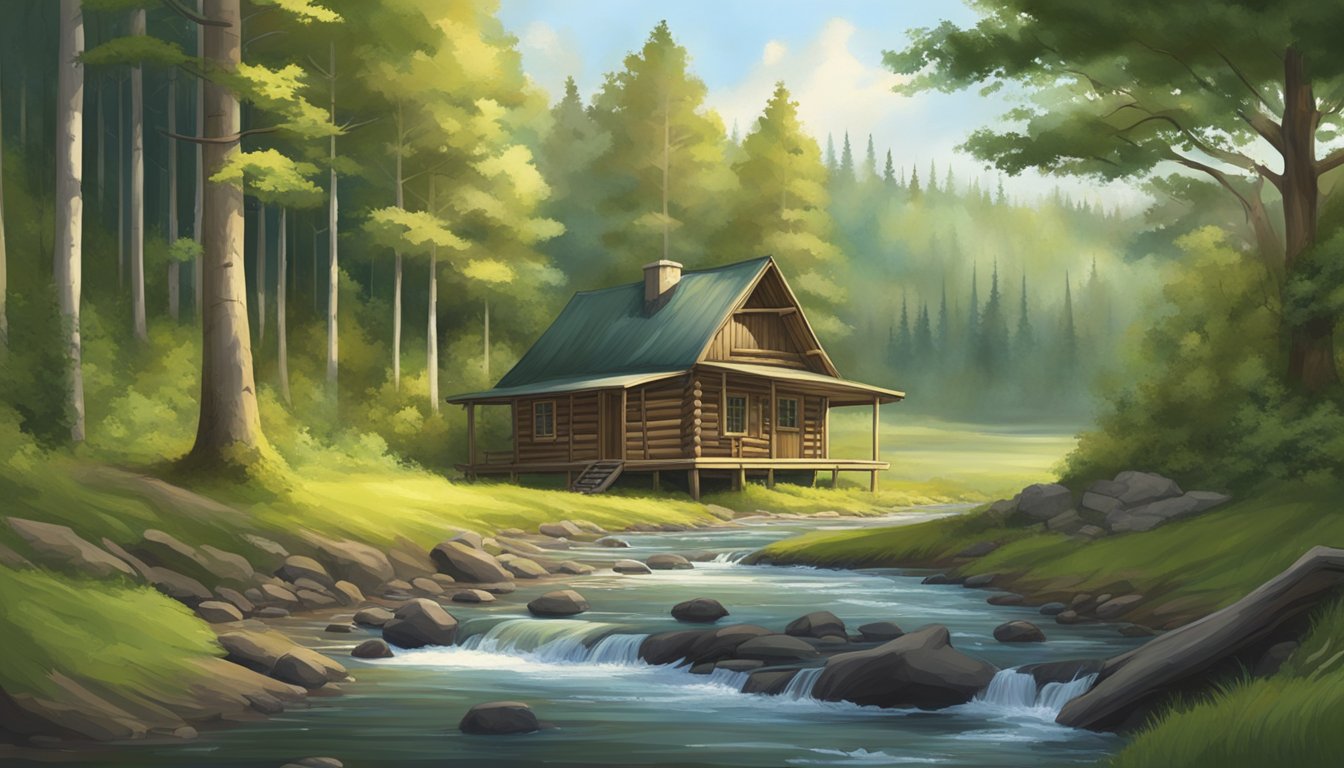 A peaceful forest clearing with a flowing creek, surrounded by tall trees and lush greenery, with a hunting cabin in the distance