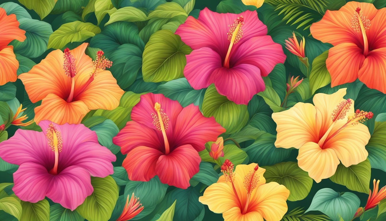 A variety of hibiscus flowers in full bloom, with their vibrant colors and unique shapes, scattered across a lush green garden