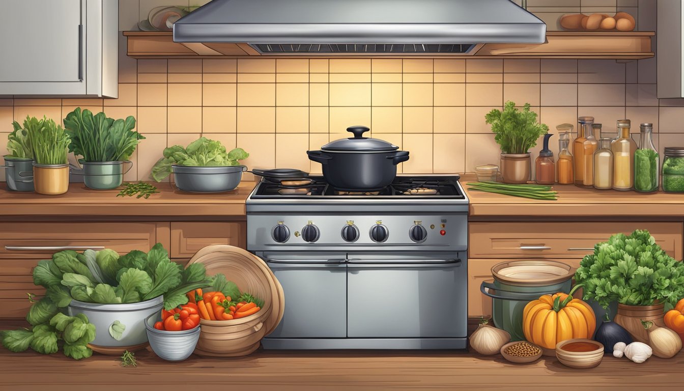 A cozy kitchen with a simmering pot on a stove, surrounded by fresh vegetables, herbs, and spices