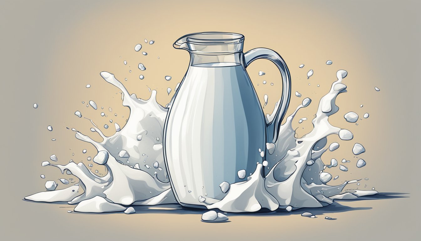 A toppled milk jug with spilled milk, surrounded by serene objects and symbols representing cultural and philosophical significance