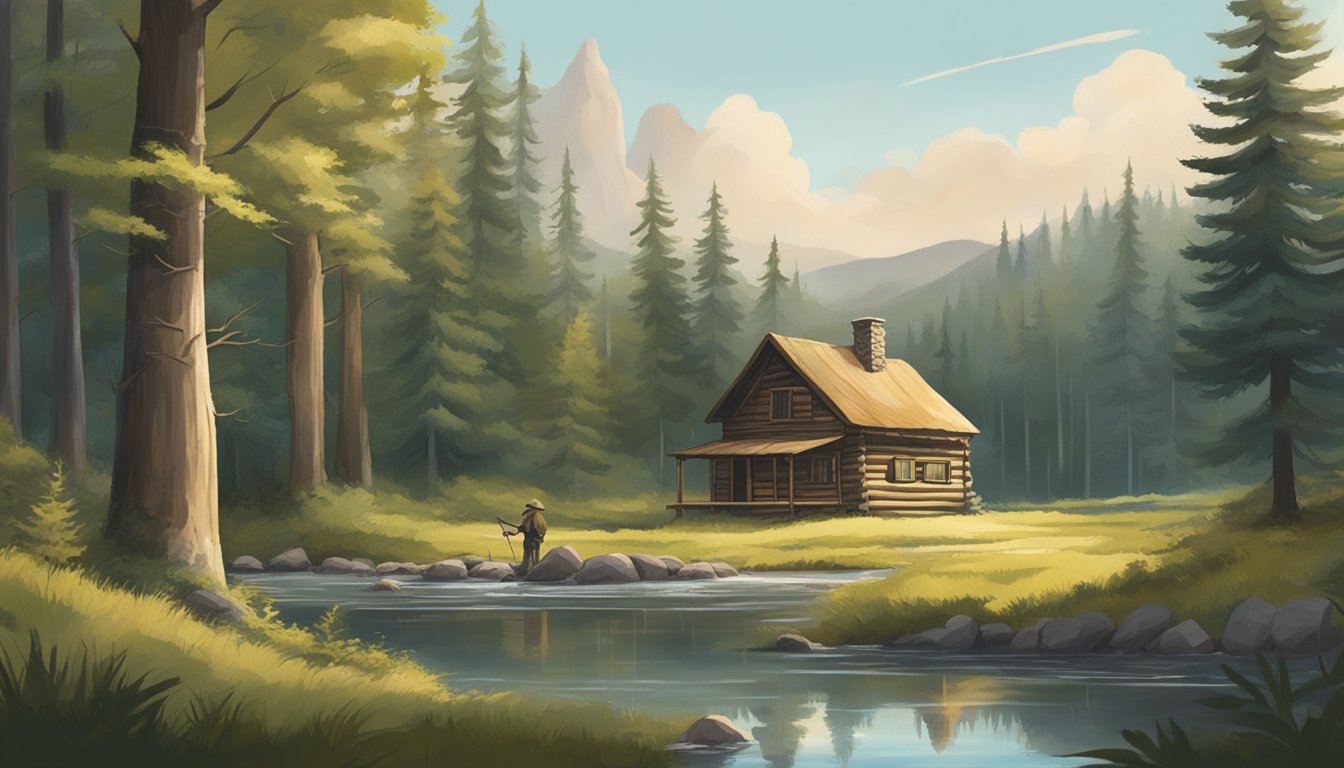 A serene forest clearing with a rustic cabin and hunting gear, surrounded by towering trees and a tranquil stream