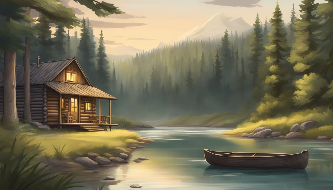 A serene forest clearing with a rustic cabin, hunting gear, and a tranquil river flowing nearby