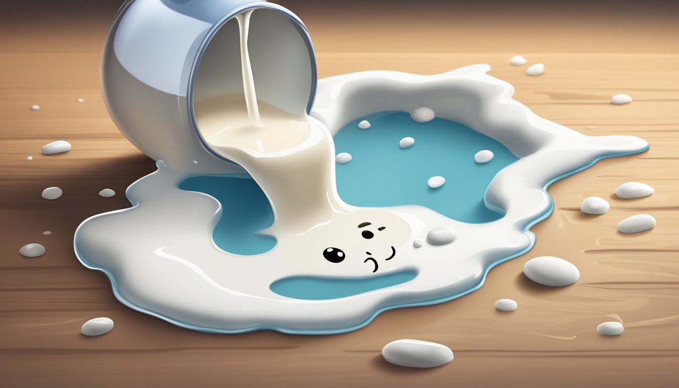 A spilled glass of milk with a sad face drawn on the milk puddle