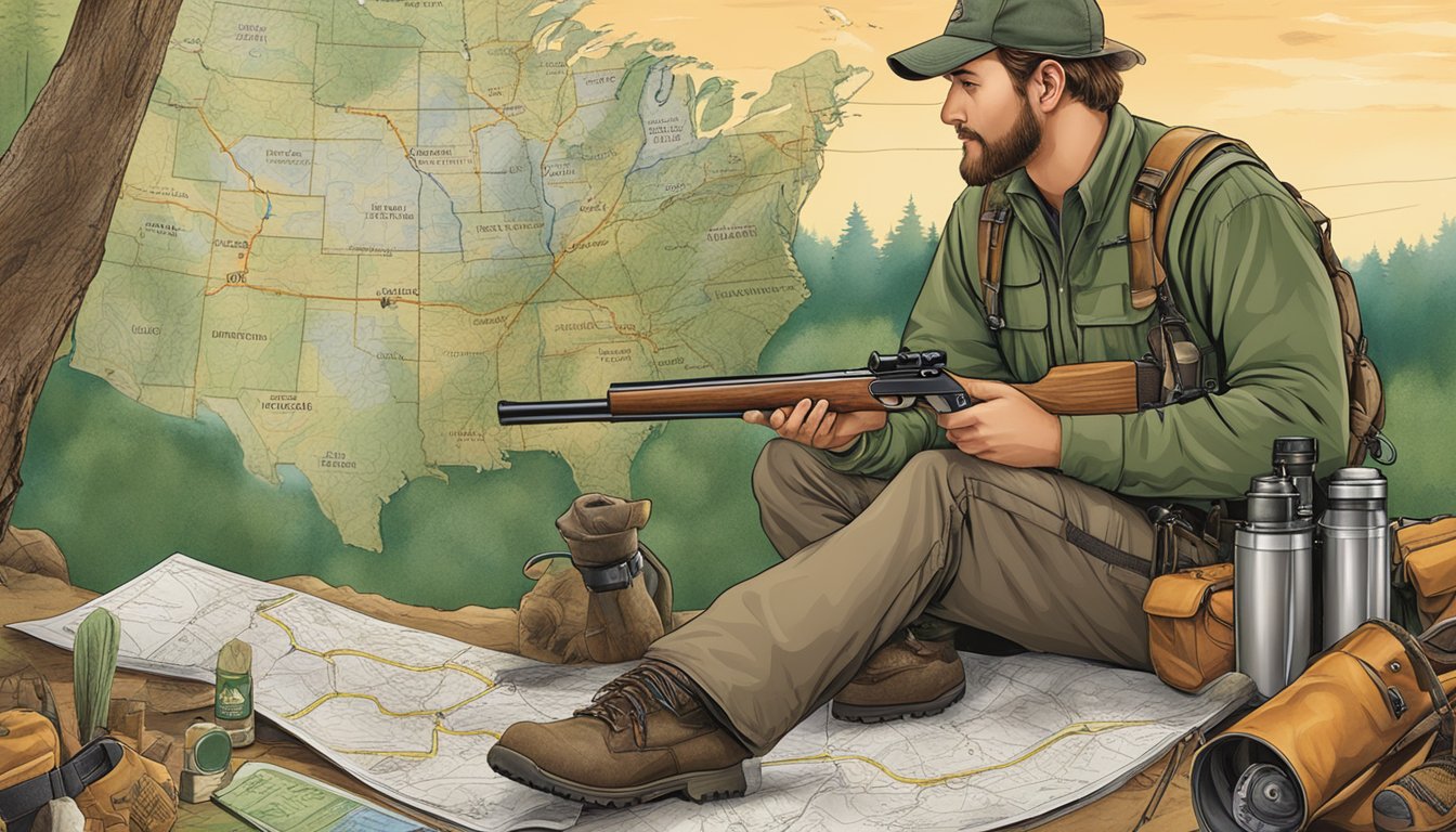 A hunter studying a map of Mississippi with hunting regulations, surrounded by hunting gear and outfitter brochures