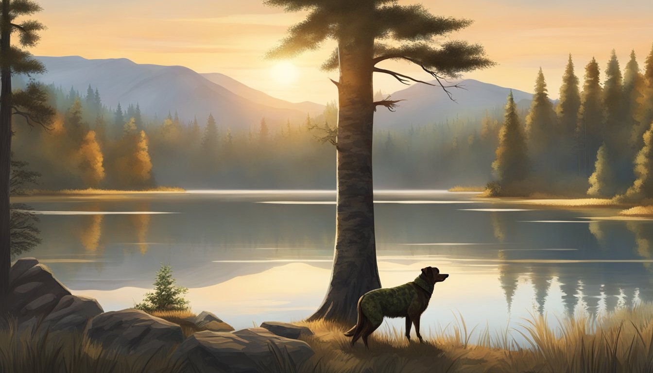 A hunter in camo gear stands by a tree, overlooking a serene lake surrounded by dense forest. The early morning sun casts a warm glow over the tranquil scene