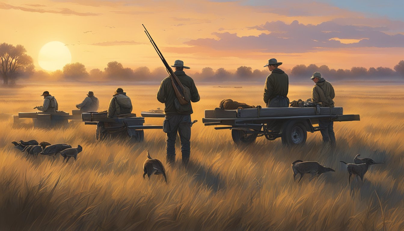 A group of hunters setting up decoys in a vast Kansas field at dawn, guided by Pipe Creek Guide Service