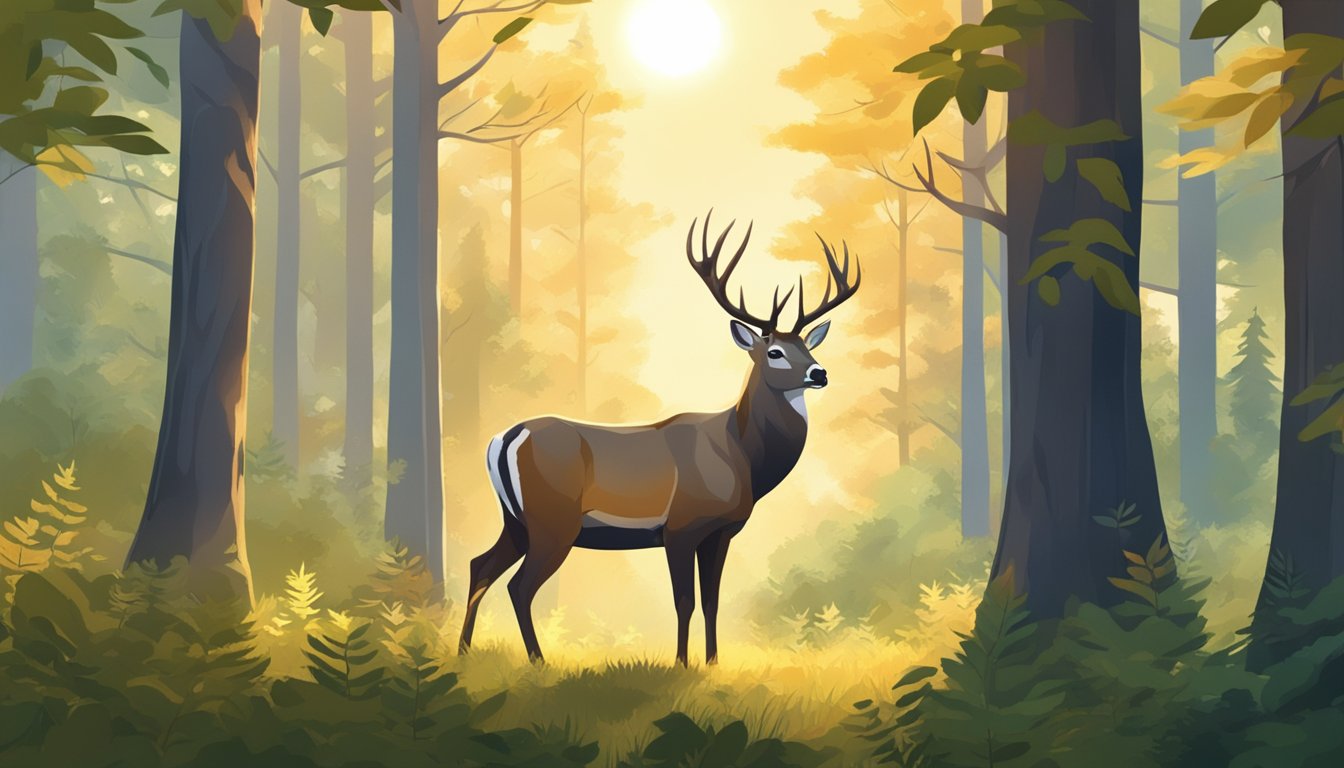 A majestic buck stands in a forest clearing, surrounded by tall trees and lush foliage. The sun filters through the leaves, casting a warm glow on the scene