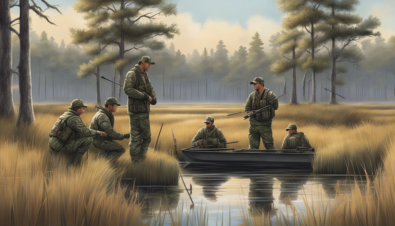 A group of hunters in camouflage gear setting up decoys and blinds in a marshy area surrounded by tall grass and cypress trees