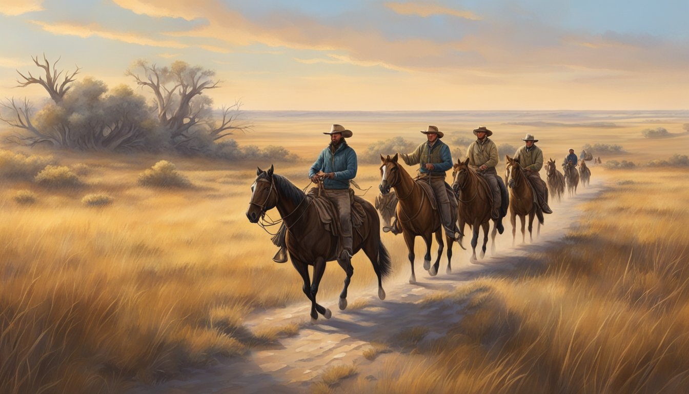 A group of hunters on horseback traverse the Kansas prairie, guided by skilled outfitters from Ringneck Ranch