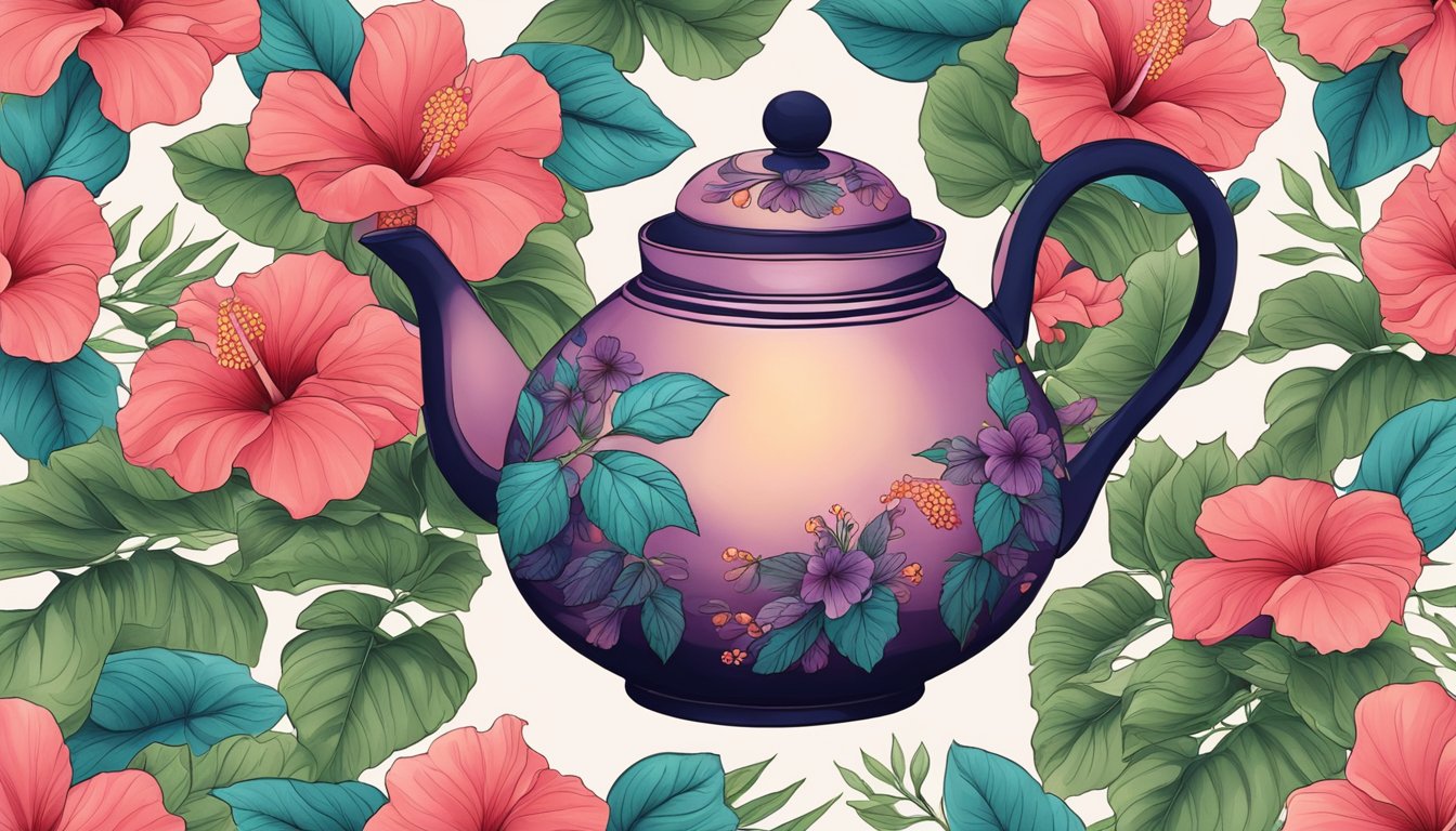 A traditional teapot filled with hibiscus tea surrounded by vibrant hibiscus flowers and leaves