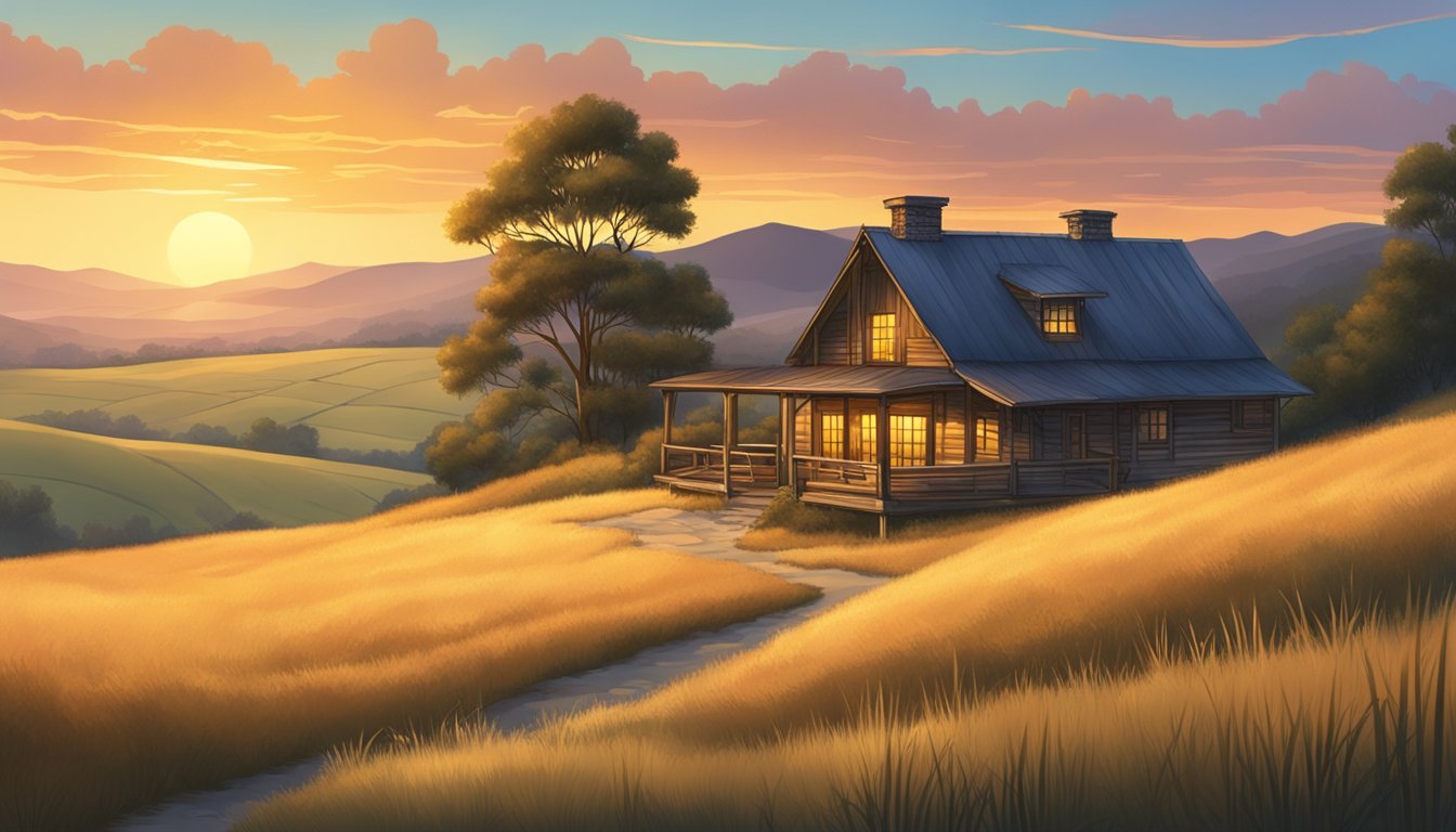 A serene landscape of rolling hills and tall grasses under a golden sunset, with a rustic hunting lodge nestled in the distance