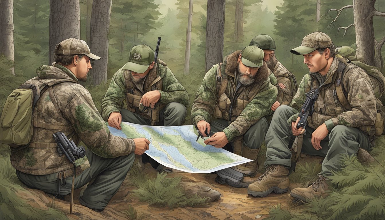 A group of hunters in camouflage gear gather around a map while a guide points out key hunting areas in the Wisconsin wilderness