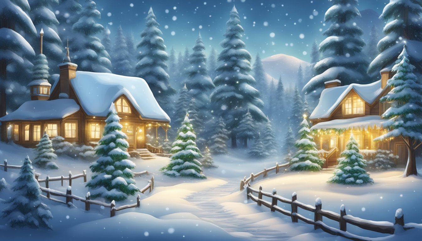 A snow-covered forest with evergreen trees decorated with environmentally friendly ornaments and twinkling lights