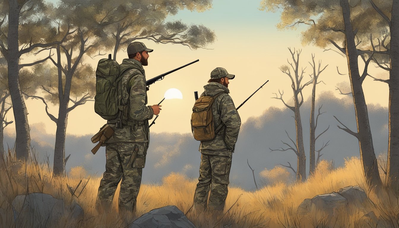 A hunter in camouflage gear standing in a vast Kansas wilderness, surrounded by trees and wildlife, with a hunting outfitter guide pointing out potential targets