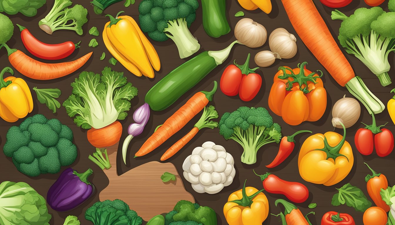 A colorful array of fresh vegetables, including tomatoes, bell peppers, carrots, and broccoli, arranged on a wooden cutting board