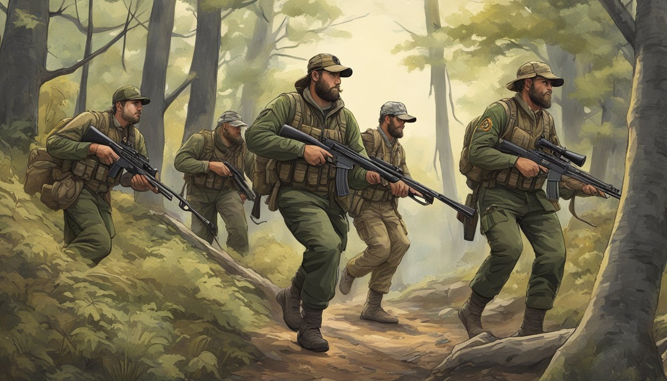 A group of hunters in camouflage gear trek through a dense forest, rifles in hand, as they search for game in the Kansas wilderness