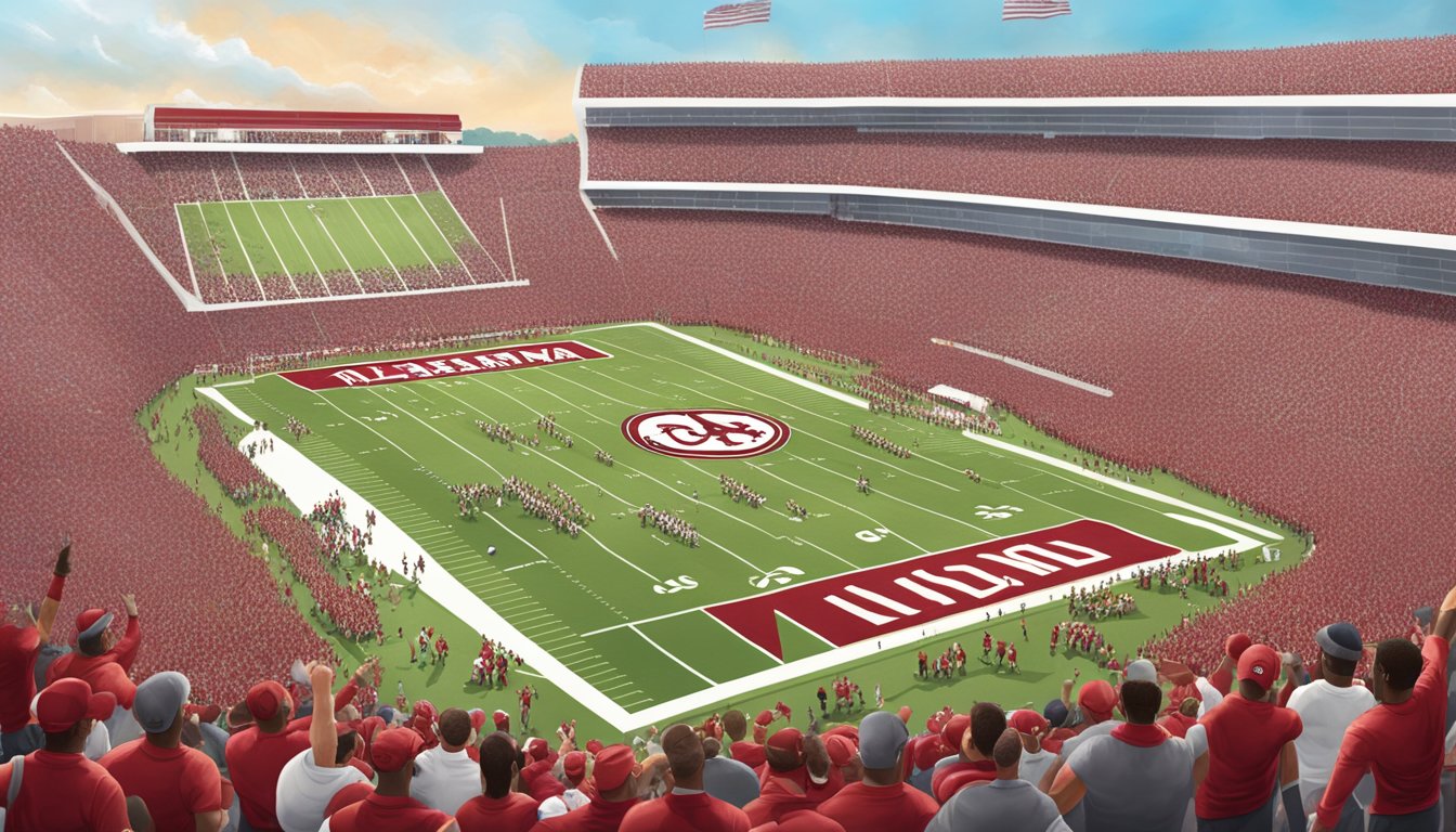 The Alabama Crimson Tide football team playing in a packed stadium with cheering fans